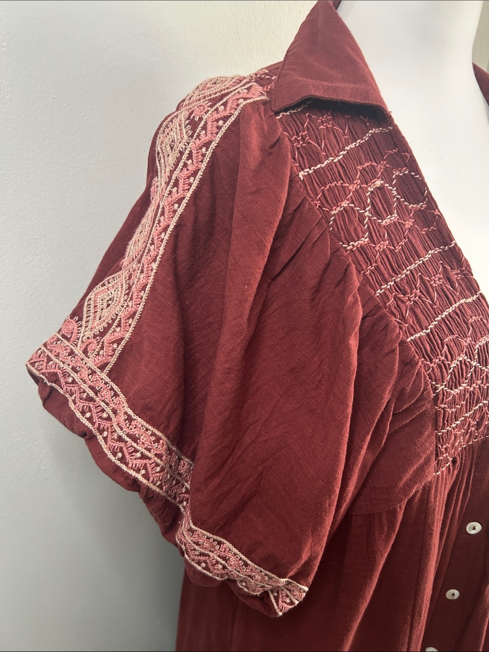 Free People Samantha Shirtdress"Double Dare" Red Intricate Shoulder Embroidery - Picture 2 of 13